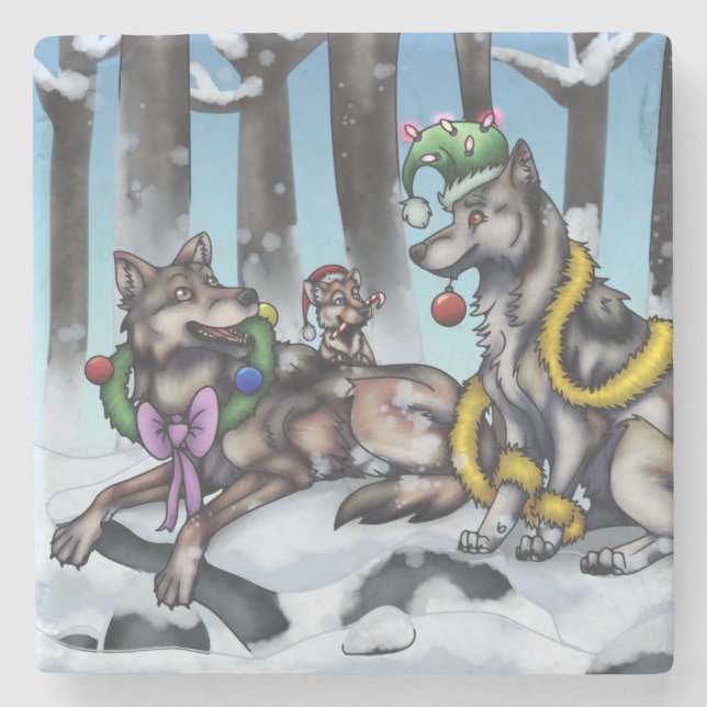 Holiday Wolves Stone Coaster (Front)