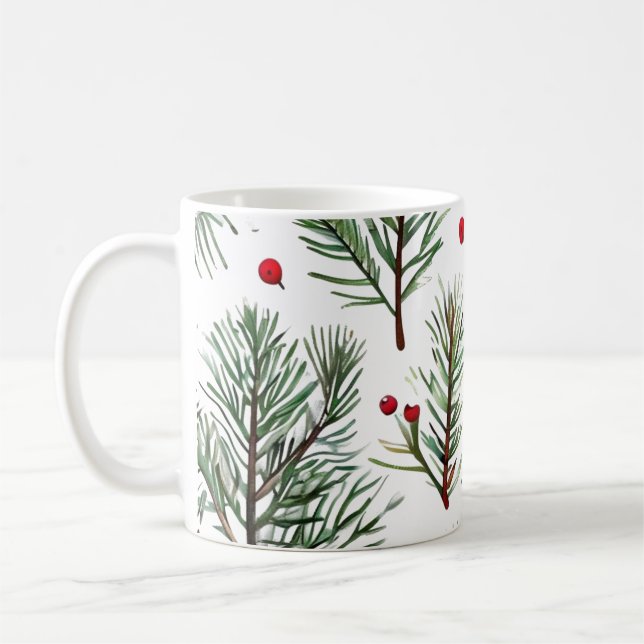 Holiday Woodland Pine & Red Berries Design Coffee Mug (Left)