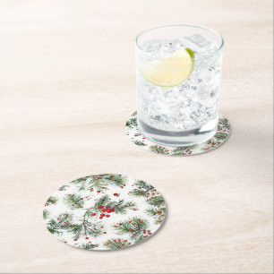 Holiday Woodland Pine & Red Berries Design Round Paper Coaster