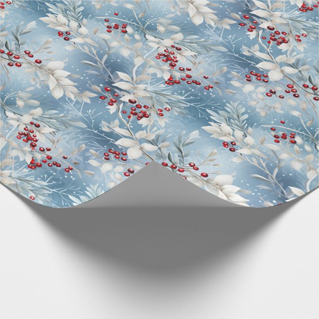 Holiday Wrapping Paper Blue Frosted Holly (Corner)