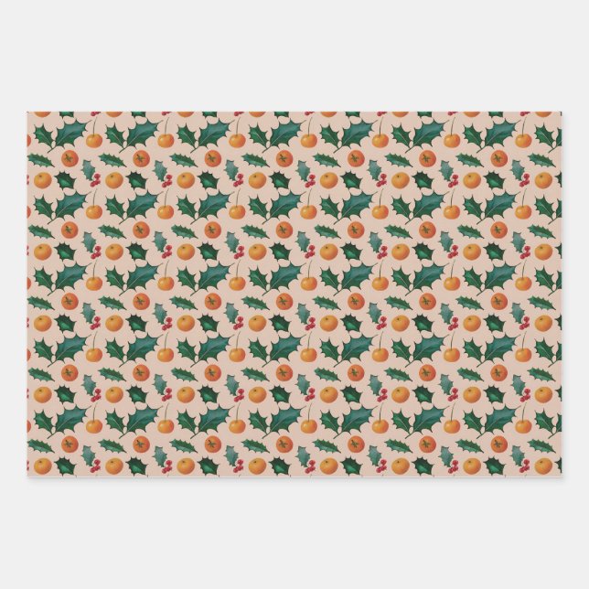 Holiday Wrapping Paper with Fruit & Holly, Pink (Front)