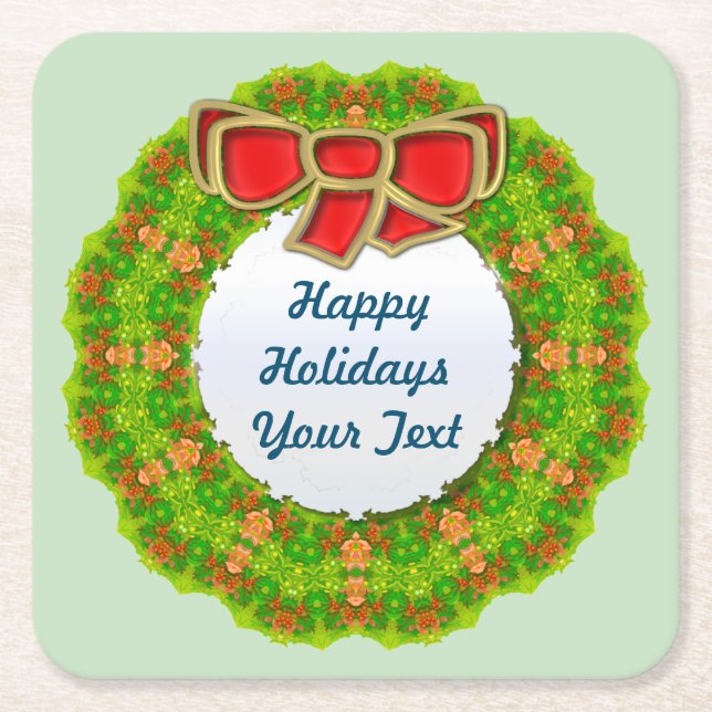 Holiday Wreath Abstract Modern Geometric Design Square Paper Coaster (Front)