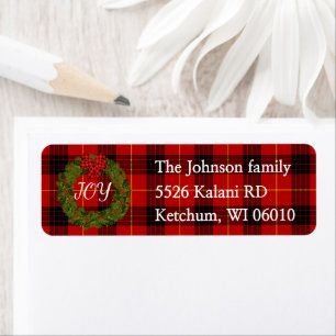 Holiday wreath and plaid return address return address label