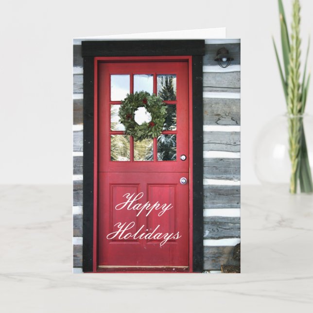 Holiday Wreath and Red Door Greeting Card (Front)