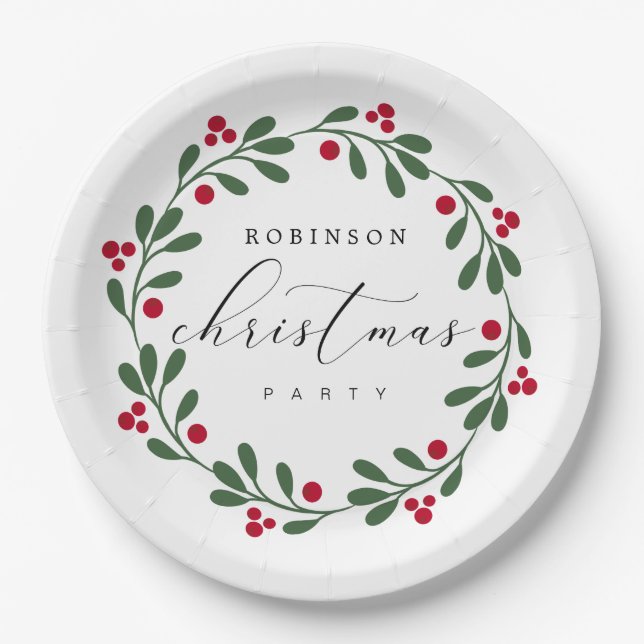 Holiday Wreath Christmas Party Personalised Paper Plate (Front)