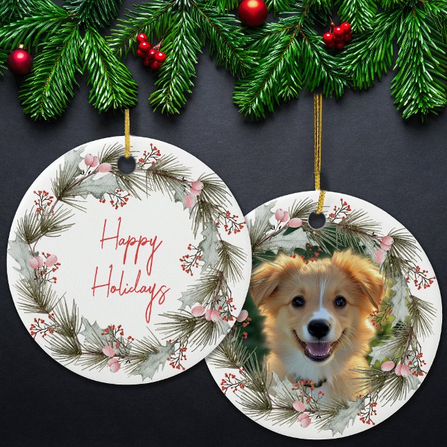 Holiday Wreath Custom Pet Photo Ceramic Ornament (Creator Uploaded)