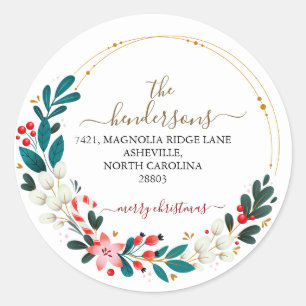 Holiday Wreath Custom Script Return Address Text Classic Round Sticker