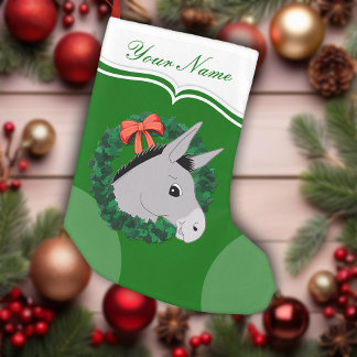 Holiday Wreath Donkey Red Ribbon Personalised Small Christmas Stocking