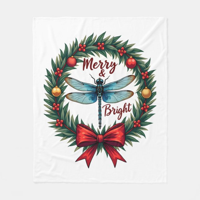 Holiday Wreath Dragonfly Fleece Blanket (Front)