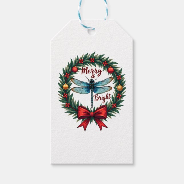 Holiday Wreath Dragonfly Gift Tags (Front)