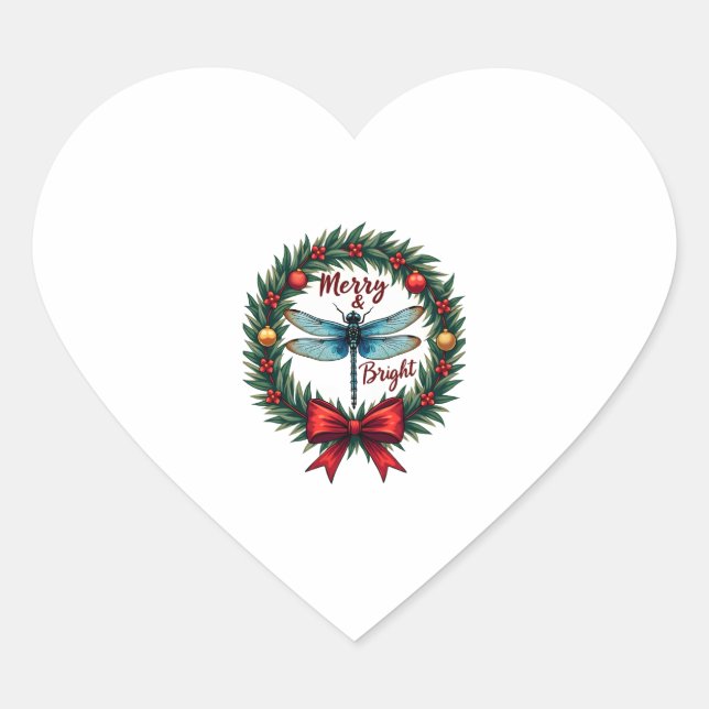 Holiday Wreath Dragonfly Heart Sticker (Front)