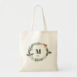 Holiday Wreath Greenery Berry Initial Personalised Tote Bag