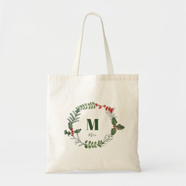 Holiday Wreath Greenery Berry Initial Personalised Tote Bag (Front)
