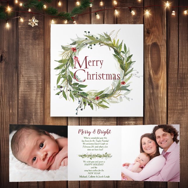 Holiday Wreath Greenery Photo Trifold Card (Creator Uploaded)