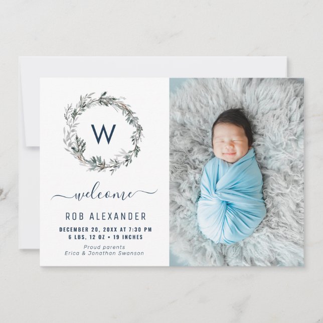 holiday wreath monogram birth announcement (Front)