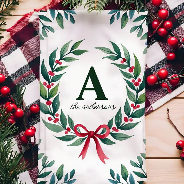 Holiday Wreath Monogram Personalised Christmas Tea Towel (Creator Uploaded)