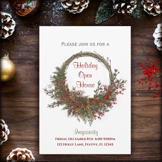 Holiday Wreath Open House Custom Christmas  Invitation (Christmas Open House great for Business Holiday parties and get together.  Artwork by Inspirivity. )