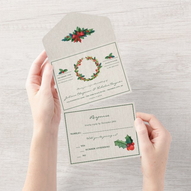 Holiday Wreath Poinsettia Christmas Wedding All In One Invitation (Tearaway)