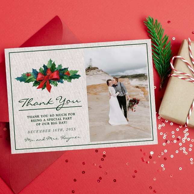 Holiday Wreath Poinsettia Christmas Wedding Thank You Card (Creator Uploaded)