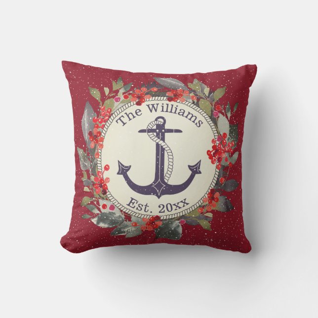 Holiday Wreath Red Berries Nautical Blue Anchor Cushion (Front)