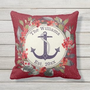 Holiday Wreath Red Berries Nautical Blue Anchor Cushion