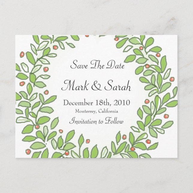 Holiday Wreath Sketched Save The Date Announcement Postcard (Front)