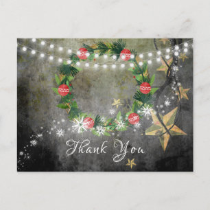 Holiday Wreath, Stars n Lights with Snow Thank You Postcard
