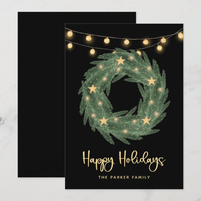 Holiday Wreath with Gold String Lights on Black Card (Front/Back)