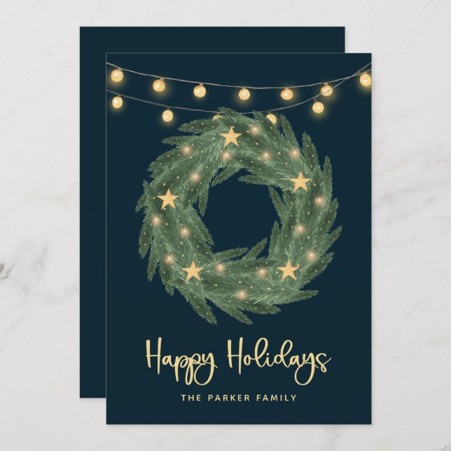 Holiday Wreath with Gold String Lights on Blue (Front/Back)