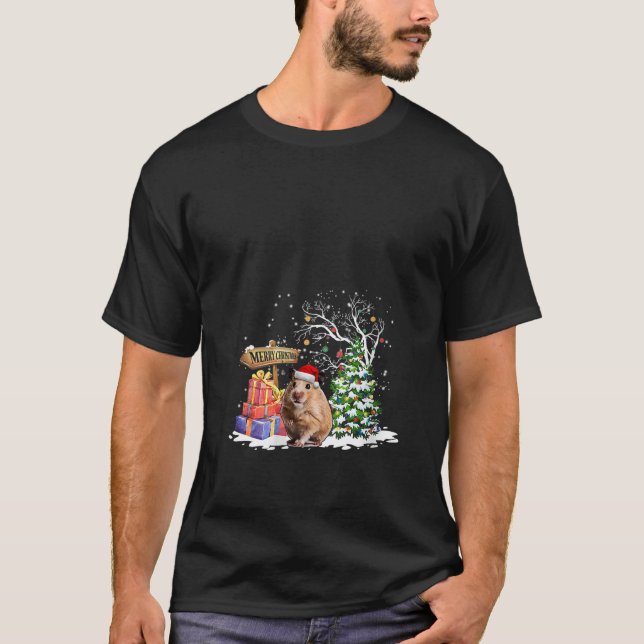 Holiday Xmas Light Santa Guinea Pig Christmas Tree T-Shirt (Front)