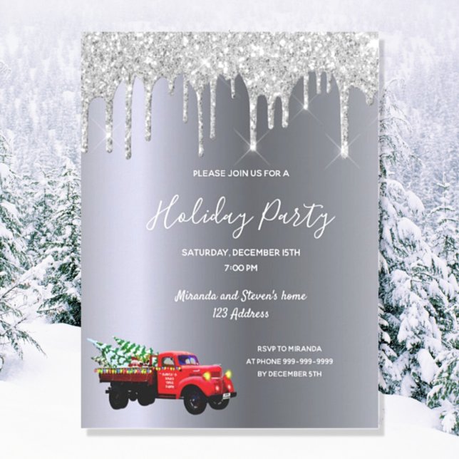 Holiday xmas party silver glitter truck invitation postcard (Creator Uploaded)
