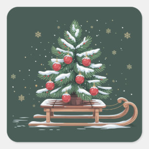 Holiday Xmas Tree Sleigh Winter Holiday Snowflakes Square Sticker