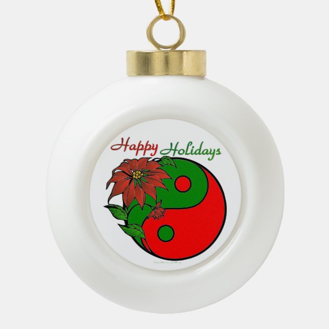 Holiday Yin Yang Poinsettia Green Red Ceramic Ball Christmas Ornament (Front)