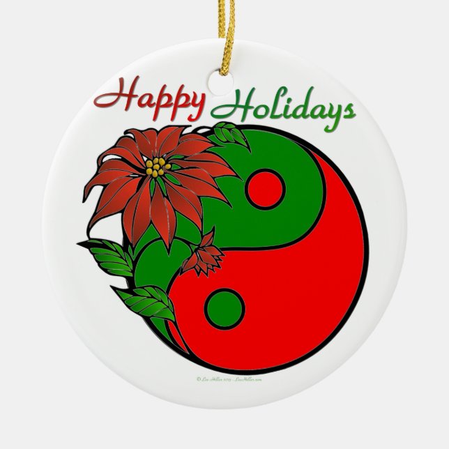 Holiday Yin Yang Poinsettia Green Red Ceramic Ornament (Front)