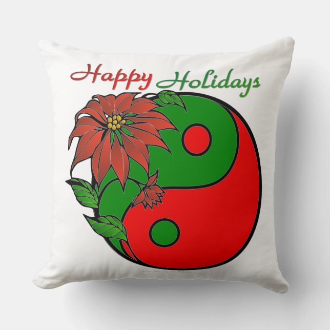 Holiday Yin Yang Poinsettia Green Red Cushion (Front)