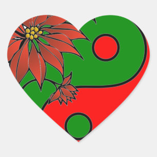 Holiday Yin Yang Poinsettia Green Red Heart Sticker