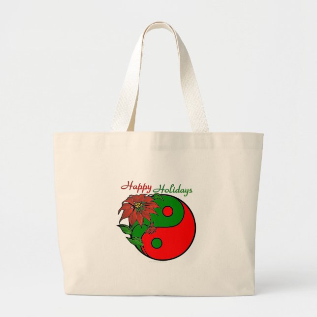 Holiday Yin Yang Poinsettia Green Red Large Tote Bag (Front)