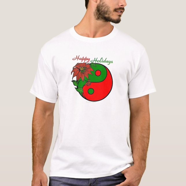 Holiday Yin Yang Poinsettia Green Red T-Shirt (Front)