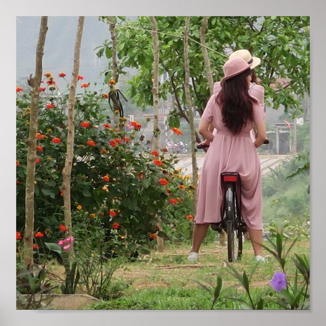 holiday, young asian girl in dress on the bike poster (Front)
