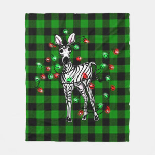 Holiday Zebra, green tartan, twinkle lights Fleece Blanket