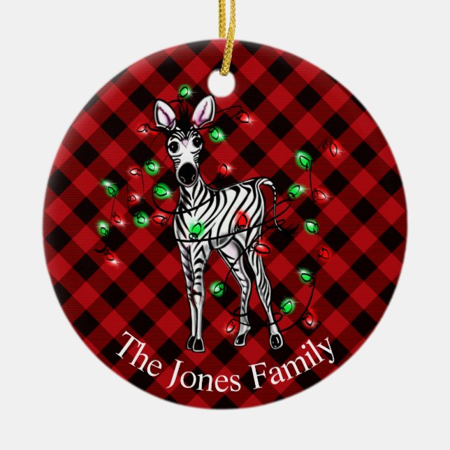 Holiday Zebra, red tartan, twinkle lights Ceramic Ornament (Front)
