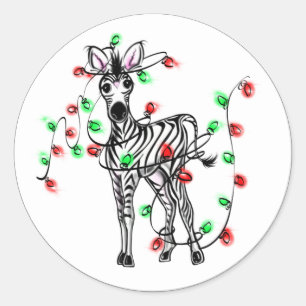 Holiday Zebra, red tartan, twinkle lights Classic Round Sticker