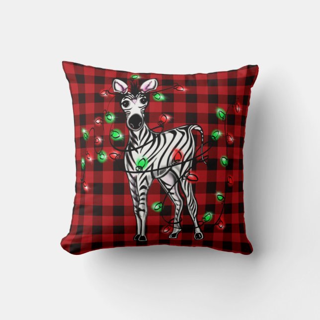 Holiday Zebra, red tartan, twinkle lights Cushion (Front)