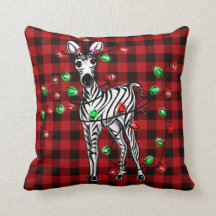 Holiday Zebra, red tartan, twinkle lights