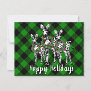 Holiday Zebras , Christmas wreath, green plaid   Card
