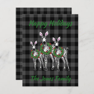  Holiday Zebras , Christmas wreath, grey plaid   Card