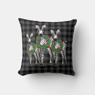 Holiday Zebras , Christmas wreath, grey plaid Cushion