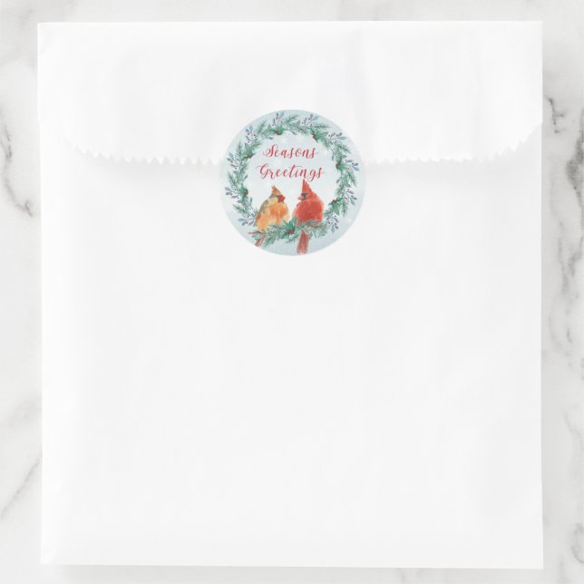 Holidays - Christmas Wreath with Cardinal Pair Classic Round Sticker (Bag)