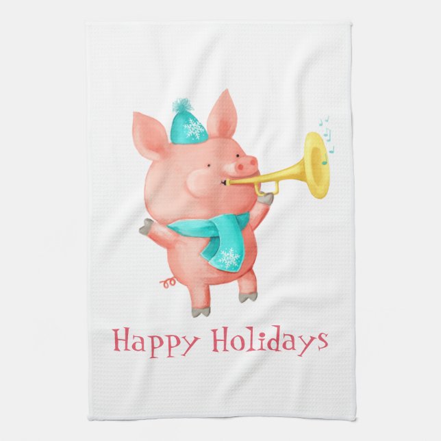 Holidays Cute Pig Tea Towel (Vertical)