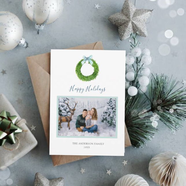 Holidays photo card with watercolor wreath & bow (Creator Uploaded)